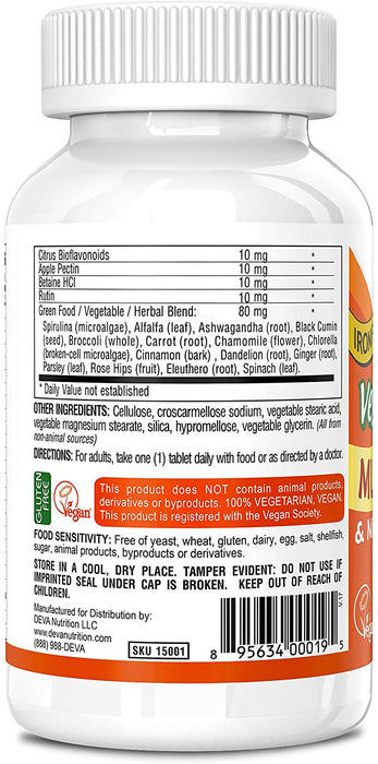 Deva Vegan Multivitamin and Mineral Supplement with Iron Free -- 90 Tablets