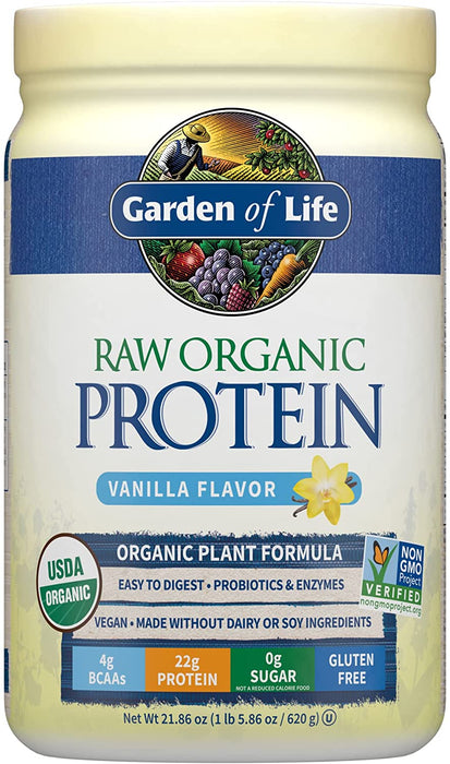 Garden of Life Raw Organic Protein Vanilla Powder, 20 Servings: Certified Vegan, Gluten Free, Organic, Non-GMO, Plant Based Sugar Free Protein Shake with Probiotics & Enzymes, 4g BCAAs, 22g Protein