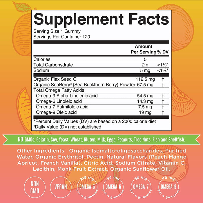 Omega 3 6 7 9 | Up to 4 Month Supply | Omega 3 Supplement | Vegan Omega 3 Gummies for Heart Health & Energy Support | Flaxseed Oil | No Fish Taste | Non-GMO | Gluten Free | 120 Count