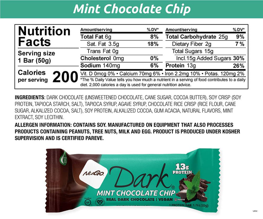 NuGo Dark Chocolate Mint Chocolate Chip, 13g Vegan Protein, 200 Calories, Gluten Free, 12 Count