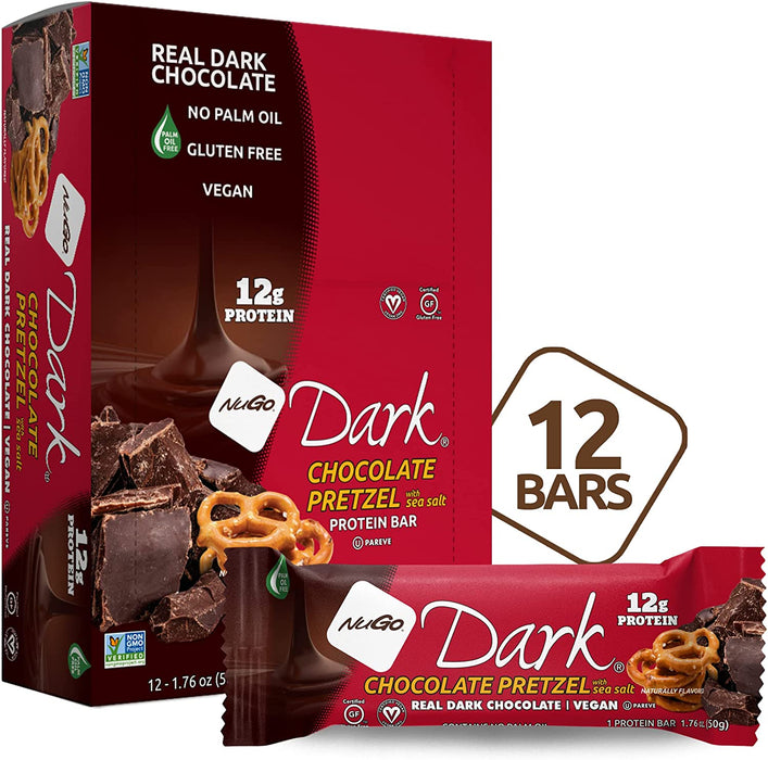 NuGo Dark Chocolate Pretzel, 12g Vegan Protein, 200 Calories, Gluten Free, 1.76 Ounce (Pack of 12)