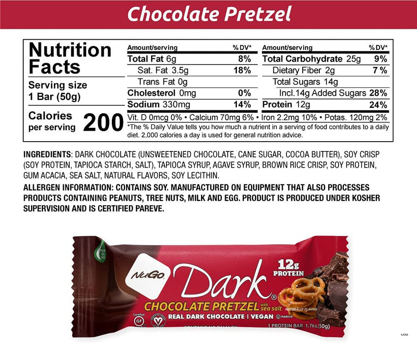 NuGo Dark Chocolate Pretzel, 12g Vegan Protein, 200 Calories, Gluten Free, 1.76 Ounce (Pack of 12)