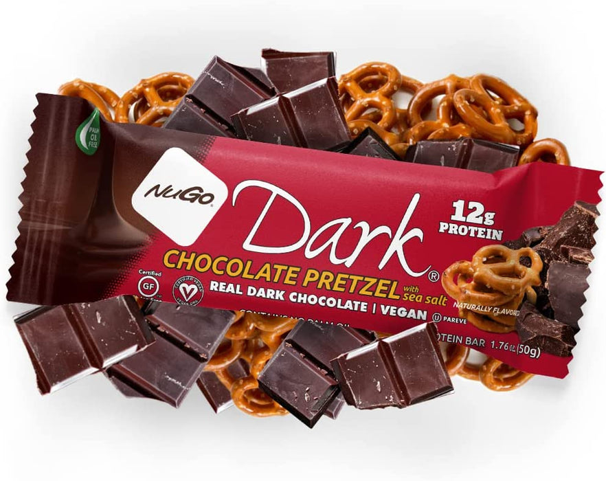 NuGo Dark Chocolate Pretzel, 12g Vegan Protein, 200 Calories, Gluten Free, 1.76 Ounce (Pack of 12)