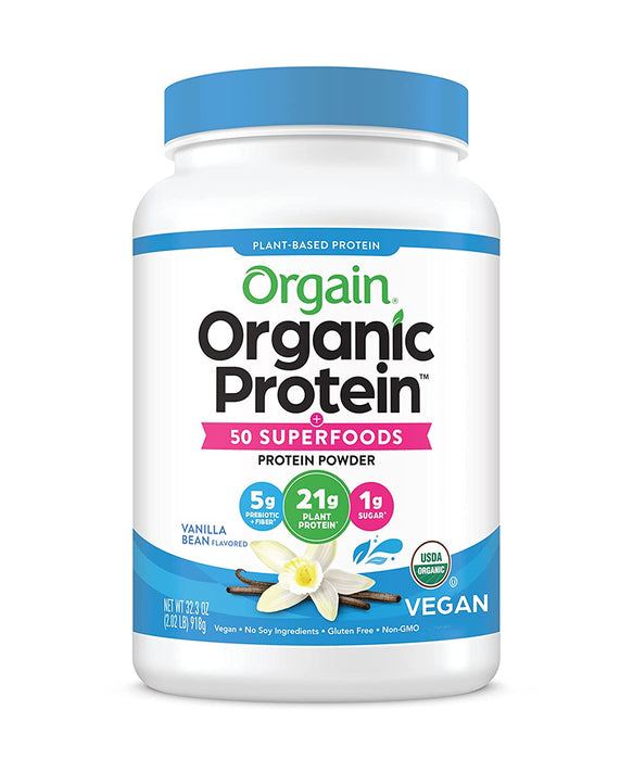 Orgain Organic Protein + Superfoods Powder, Vanilla Bean - 21g of Protein, Vegan, Plant Based, 5g of Fiber, No Dairy, Gluten, Soy or Added Sugar, Non-GMO, 2.02lb