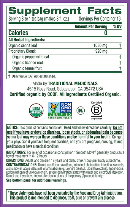 Traditional Medicinals Organic Smooth Move Senna Peppermint Herbal Tea, Relieves Occasional Constipation, (Pack of 3) - 48 Tea Bags Total
