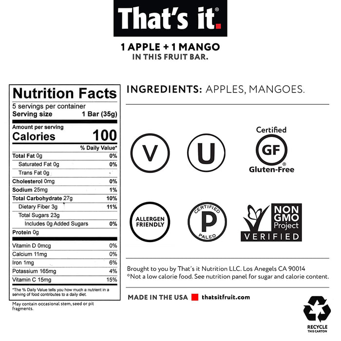 That's it. Apple + Mango 100% Natural Real Fruit Bar, Best High Fiber Vegan, Gluten Free Healthy Snack, Paleo for Children & Adults, Non GMO No Sugar Added, No Preservatives Energy Food (12 Pack)
