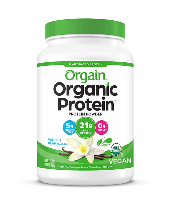 Orgain Organic Plant Based Protein Powder, Vanilla Bean - Vegan, Low Net Carbs, Non Dairy, Gluten Free, Lactose Free, No Sugar Added, Soy Free, Kosher, Non-GMO, 2.03 Pound (Packaging May Vary)