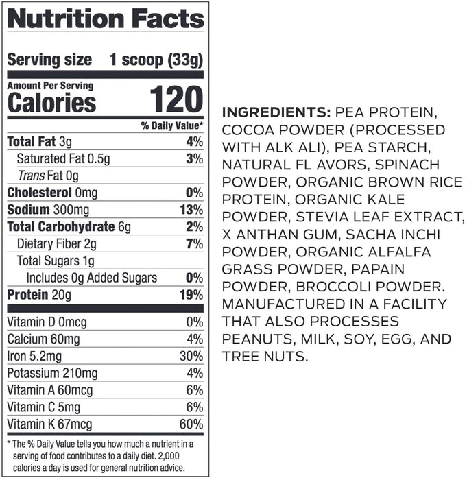 Vega Protein and Greens, Chocolate, Vegan Protein Powder, 20g Plant Based Protein, Low Carb, Keto, Dairy Free, Gluten Free, Non GMO, Pea Protein for Women and Men, 1.8 Pounds (25 Servings)