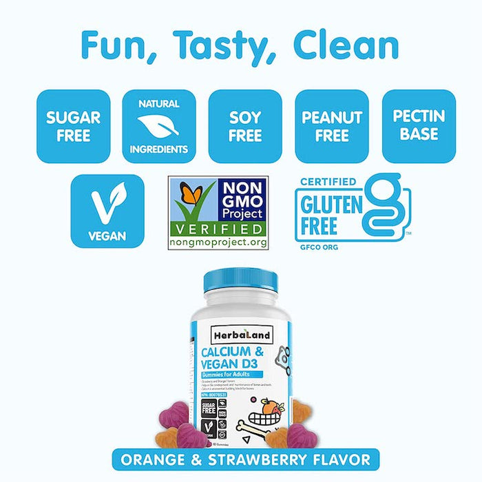 Herbaland Vegan Calcium and D3 Gummies for Adults - Sugar-Free Vitamin D Chews, Bone and Teeth Support, Phosphorus Supplement - 2.2 Grams, Strawberry and Orange Flavor, 60 Count