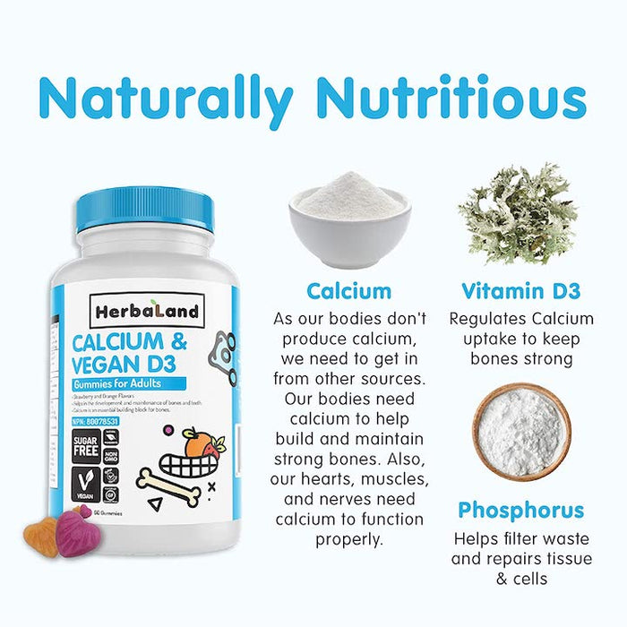 Herbaland Vegan Calcium and D3 Gummies for Adults - Sugar-Free Vitamin D Chews, Bone and Teeth Support, Phosphorus Supplement - 2.2 Grams, Strawberry and Orange Flavor, 60 Count