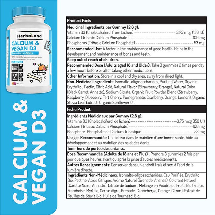 Herbaland Vegan Calcium and D3 Gummies for Adults - Sugar-Free Vitamin D Chews, Bone and Teeth Support, Phosphorus Supplement - 2.2 Grams, Strawberry and Orange Flavor, 60 Count